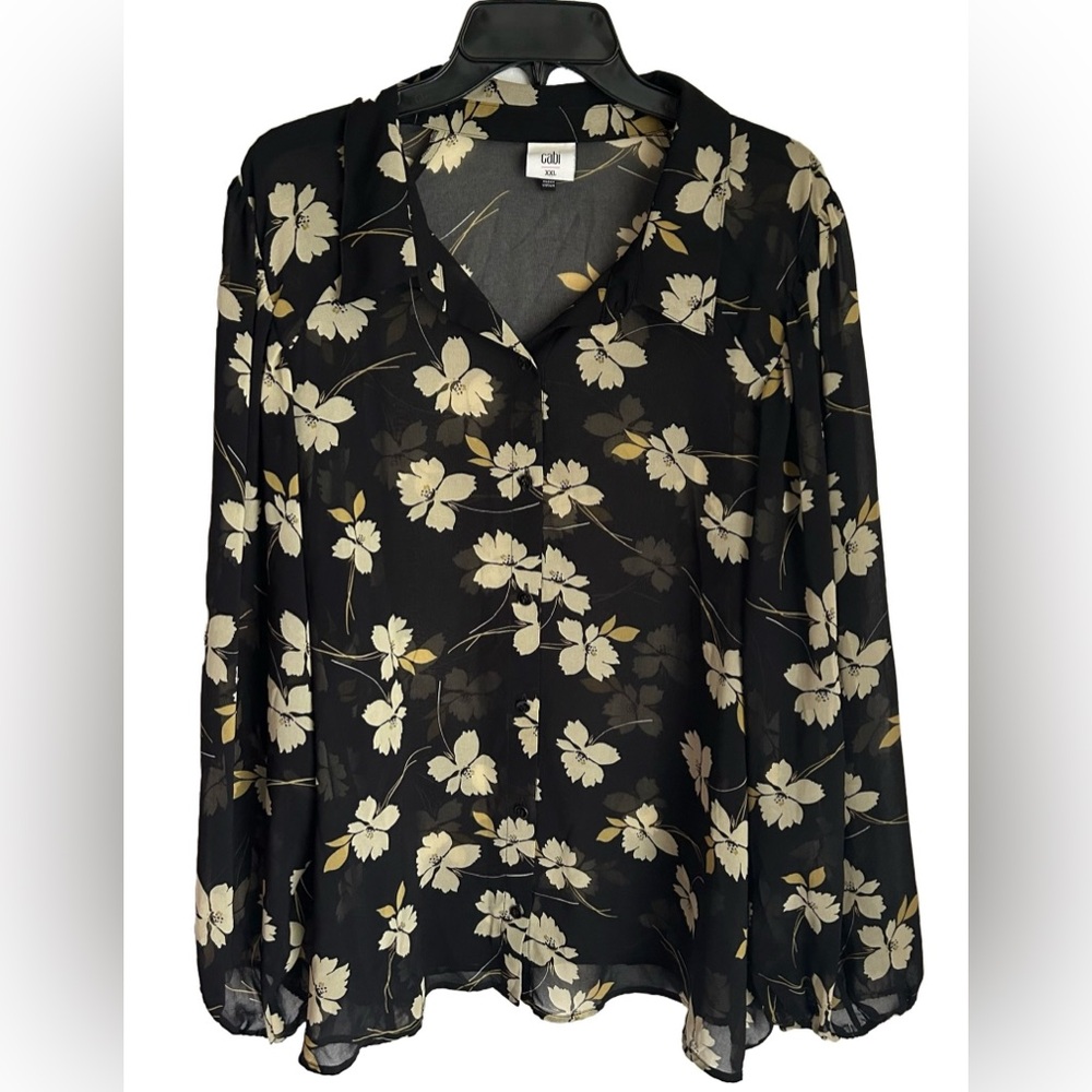 Cabi Blouse Sz XXL Button Front Sheer Floral Flowy Business Casual Lightweight